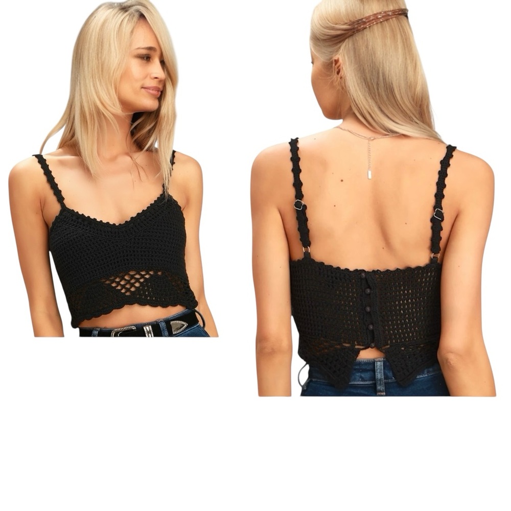 Lulus Black Crochet Crop Top with button up back and pretty knit straps SzL NWOT